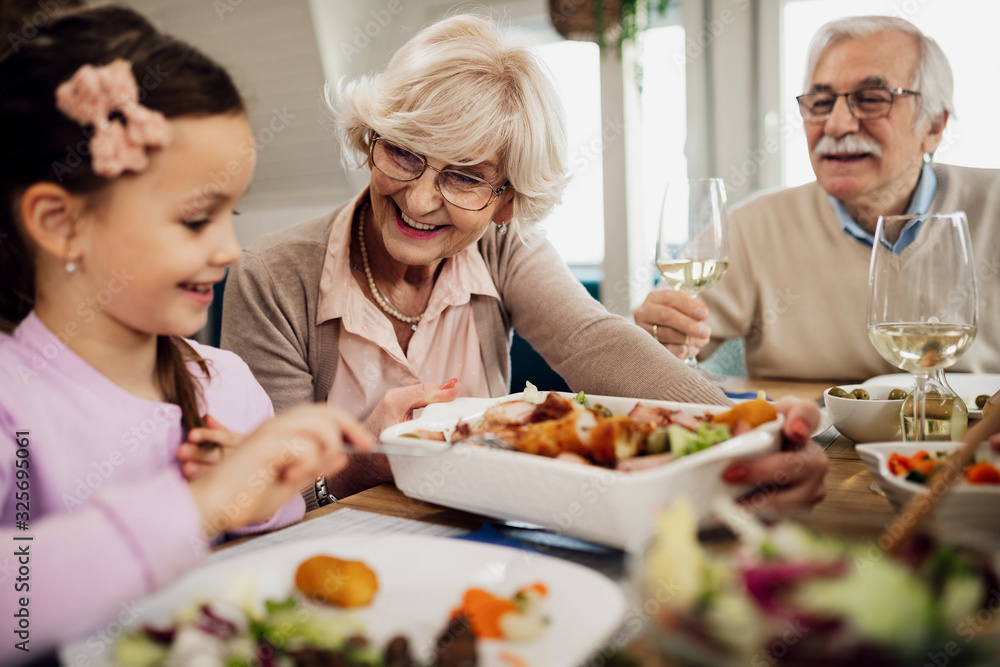 Happy grandparents enjoying in lunch with their granddaughter. Happy grandparents enjoying in lunch with their granddaughter.