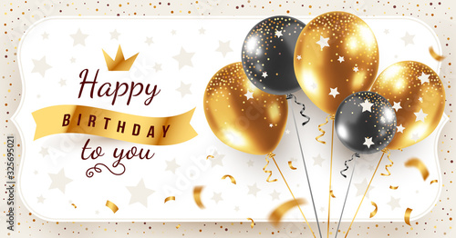 Vector happy birthday horizontal illustration with 3d realistic golden and black bunch of air balloon in frame on white background with text and glitter confetti.