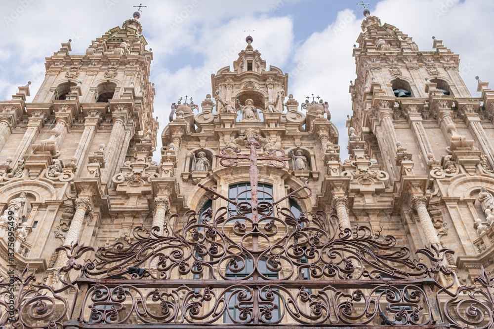 Santiago de Compostela, Spain; April 19, 2019: Santiago de Compostela Cathedral and lots of tourists and pilgrims in holiday journey