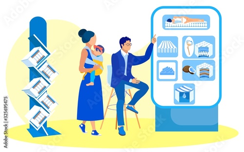 Man Shop Assistant, Sitting on Chair by Infomercial Stand with Cotton and Coir Mattress Samples in Section, Pointing at Orthopedic One, Helping Young Mother with Baby Girl in Sling to Choose Bedding.