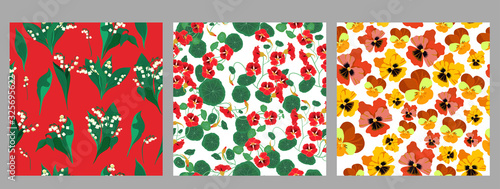 Set of seamless patterns with lilies of the valley, nasturtium, pansies. Vector graphics.