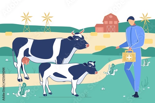Veterinarian Doctor Character with Medical Bag Visiting Cow and Calf on Farm Domestic Animal Husbandry Health Care, Practitioner Man Healing Cattle Medicine Occupation Cartoon Flat Vector Illustration
