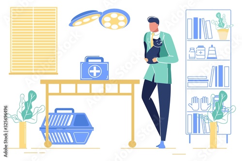 Man Veterinarian Doctor in Uniform Holding Cat on Hands Prepare to Put Animal on Table for Surgery or Treatment Procedures. Veterinary Clinic Appointment, Pets Care Cartoon Flat Vector Illustration
