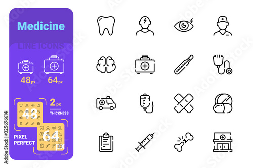 Set medicine simple lines icons of headache, doctor, injury. photo