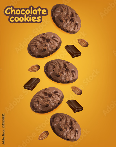 Chocolate cookies vector realistic. Declious dessert falling cookies. 3d detailed product package or label backgrounds