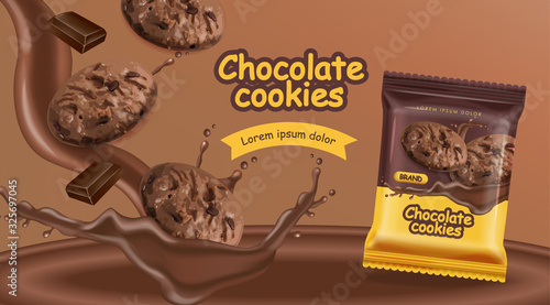 Chocolate cookies vector realistic mock up. Declious dessert falling cookies with chocolate splash. 3d detailed product package. label advertise packs