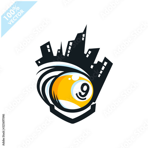 Billiard 9 ball city sport logo. Scalable and editable vector.