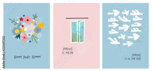 Open window spring bird illustration postcard set