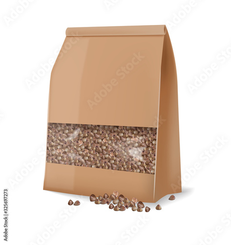Buckwheat package isolated vector realistic. 3d detailed product package plac...
