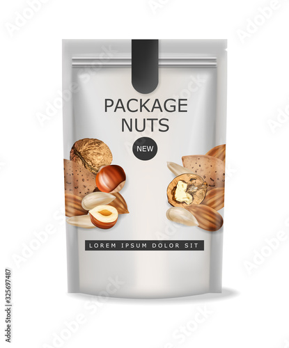 Nuts vector realistic mock up. Greek walnuts, almonds and hazelnuts. 3d detailed design packages