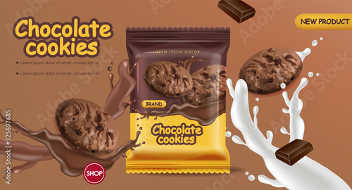 Chocolate cookies vector realistic mock up. Declious dessert falling cookies with chocolate and milk splash. 3d detailed product packages