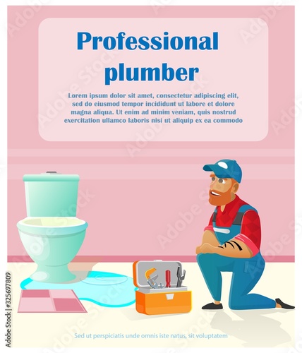 Professional Plumber Service Flat Cartoon Banner Vector Illustration. Handyman in Uniform, Working at Home Bathroom, Repairing Toilet, Stopping Water Leaking. Man Analyzing Proble near Tool Case.