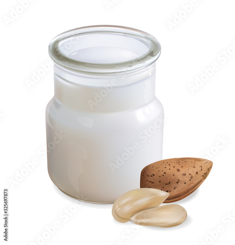 Almond milk vector realistic close up. Glass bottle with delicious organic dr...