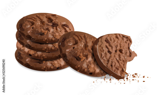 Crunchy chocolate cookies isolated vector realistic. 3d detailed desserts