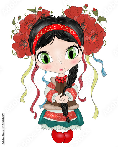 Hand drawn ukrainian girl. Beautiful cute haired girl in ukrainian traditional clothe. Cartoon character. Template for design cards, notebook, shop, poster. The little girl.