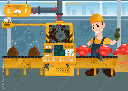 Factory Industrial machine manufacture convoy unit construction engineering equipment with engineer. Vector illustration of an assembly line producing candys from a shit. Conveyor in flat style