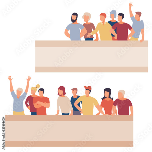 men and women stand behind the stands and wave their hands in support of their team, isolated object on a white background,