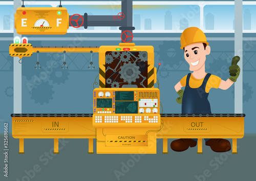 Factory Industrial machine manufacture convoy unit construction engineering equipment with engineer. Vector illustration of an assembly line producing. Conveyor in flat style