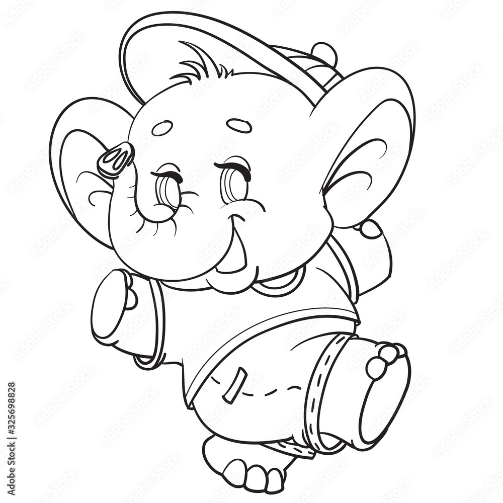 cute baby elephant in jeans, a t-shirt and a cap has fun jumping, drawing in outline, isolated object on a white background, cute baby elephant in jeans, a t-shirt and a cap has fun jumping, drawing in outline, isolated object on a white background,
