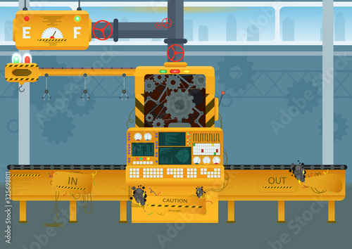 Broken factory Industrial machine manufacture convoy unit construction engineering equipment. Vector illustration of an assembly line. Conveyor in flat style
