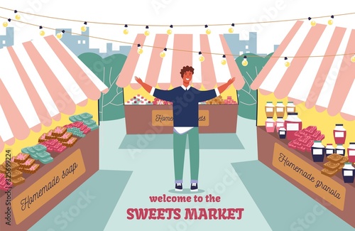 Invitation Flat Poster Welcoming to Street Market with Motivation to Visit Lettering. Cartoon Smiling Happy Man with Greeting Gesture Showing Big Assortment in Open Air Fair. Vector Illustration