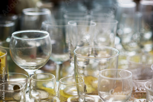 many different dinking glasses with short depth of field