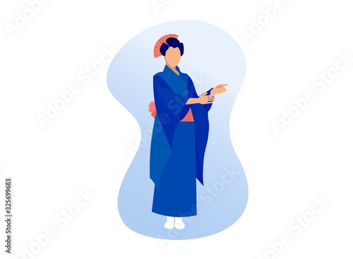Young Asian Woman Wearing Traditional Japanese Clothes Kimono Geisha Costume Isolated on White Background, Culture Character, Dancer and Singer in Japan Tea Houses. Cartoon Flat Vector Illustration