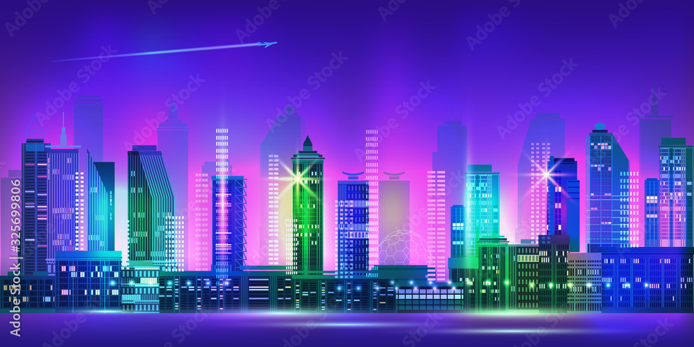 Night city panorama with neon glow. Vector illustration.