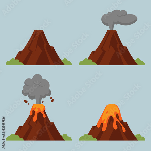 Vector set of volcanoes of varying degrees of eruption. Flat style illustration with isolated objects. photo