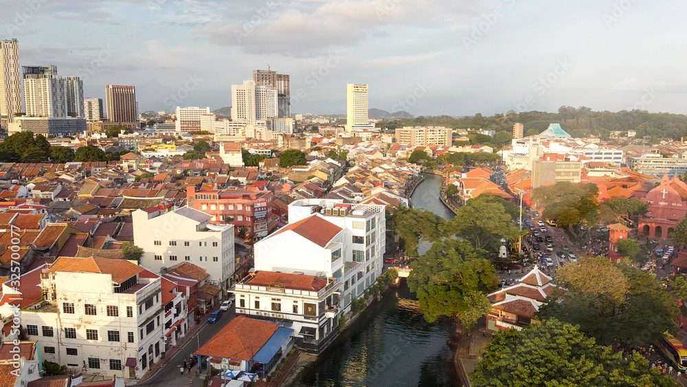 Melaka aerial view at sunset. Buildings of Malacca, Malaysia