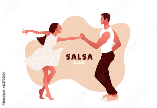 Salsa party club. Happy Valentine's Day. Beautiful young couple dancing salsa in the city. Street dancing. People in love, dating. Vector illustration cartoon style. Dance studio logo.
