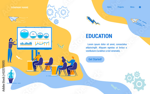 Informative Banner Faculty Interactive Education. Girl Gives Lecture Using Electronic Device. Students are Trained Directly in University Classroom Sitting at their Desks and Make Notes