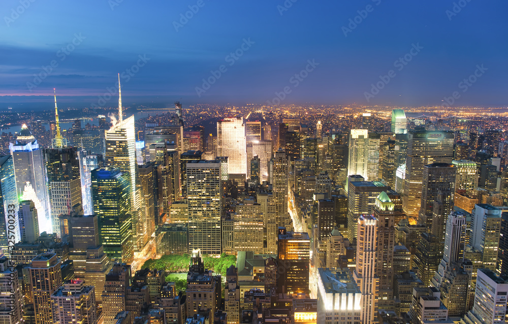 Night aerial view of Midtown Manhattan skyscrapers from a high viewpoint, New York City, USA