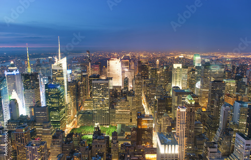 Night aerial view of Midtown Manhattan skyscrapers from a high viewpoint, New York City, USA