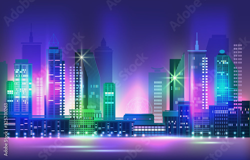 Night city panorama with neon glow. Vector illustration.