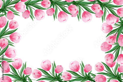 Fototapeta Naklejka Na Ścianę i Meble -  watercolor springtime frame decoration with pink tulips, mother's day border design with copy space, bright floral background with tulips
