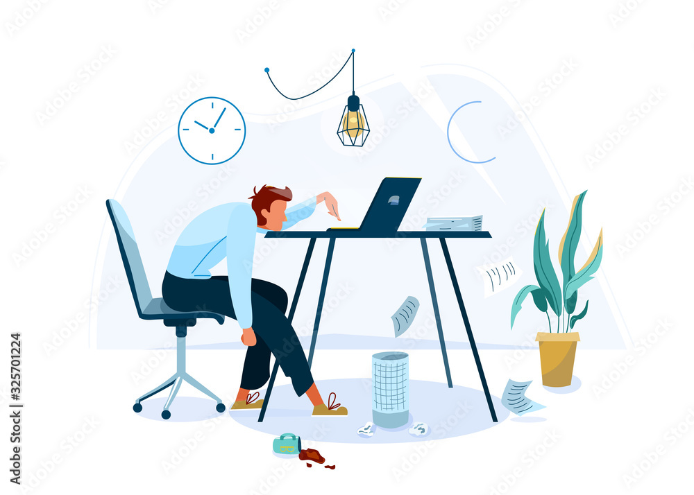 Burnout concept vector background. Tired male office worker sitting on