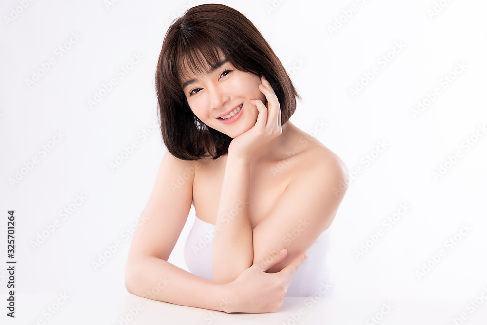 Portrait beautiful young asian woman clean fresh bare skin concept. Asian girl beauty face skincare and health wellness, Facial treatment, Perfect skin, Natural makeup, on white background, Portrait beautiful young asian woman clean fresh bare skin concept. Asian girl beauty face skincare and health wellness, Facial treatment, Perfect skin, Natural makeup, on white background,