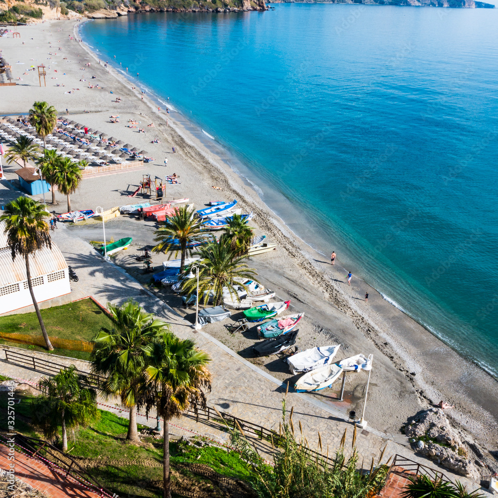 Looking down on to the Burriana Beach in Nerja on the Costa del Sol