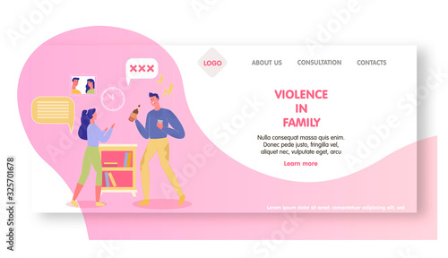 Family Violence Prevention, Support and Recovery. Spouse Assault. Drunk Husband Raising Hell at Midnight. Wife, Begging Him to Stop. Flat Vector Staring Page Design Template for Website.
