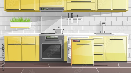 Kitchen Interior in Apartment or House Flat Cartoon Vector Illustration. Modern Furniture and Kitchen Utensils on Table. Kitchen Design and Decor. Stove, Wsshing Machine and Storage Boxes.