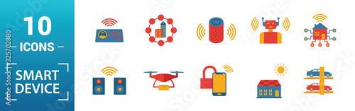 Smart Devices icon set. Include creative elements drone, smart car, smart house, solar battery roof, smart speaker icons. Can be used for report, presentation, diagram, web design