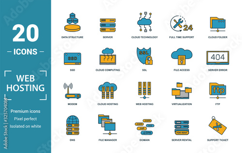 Web Hosting icon set. Include creative elements data structure, cloud technology, ssd, file access, modem icons. Can be used for report, presentation, diagram, web design