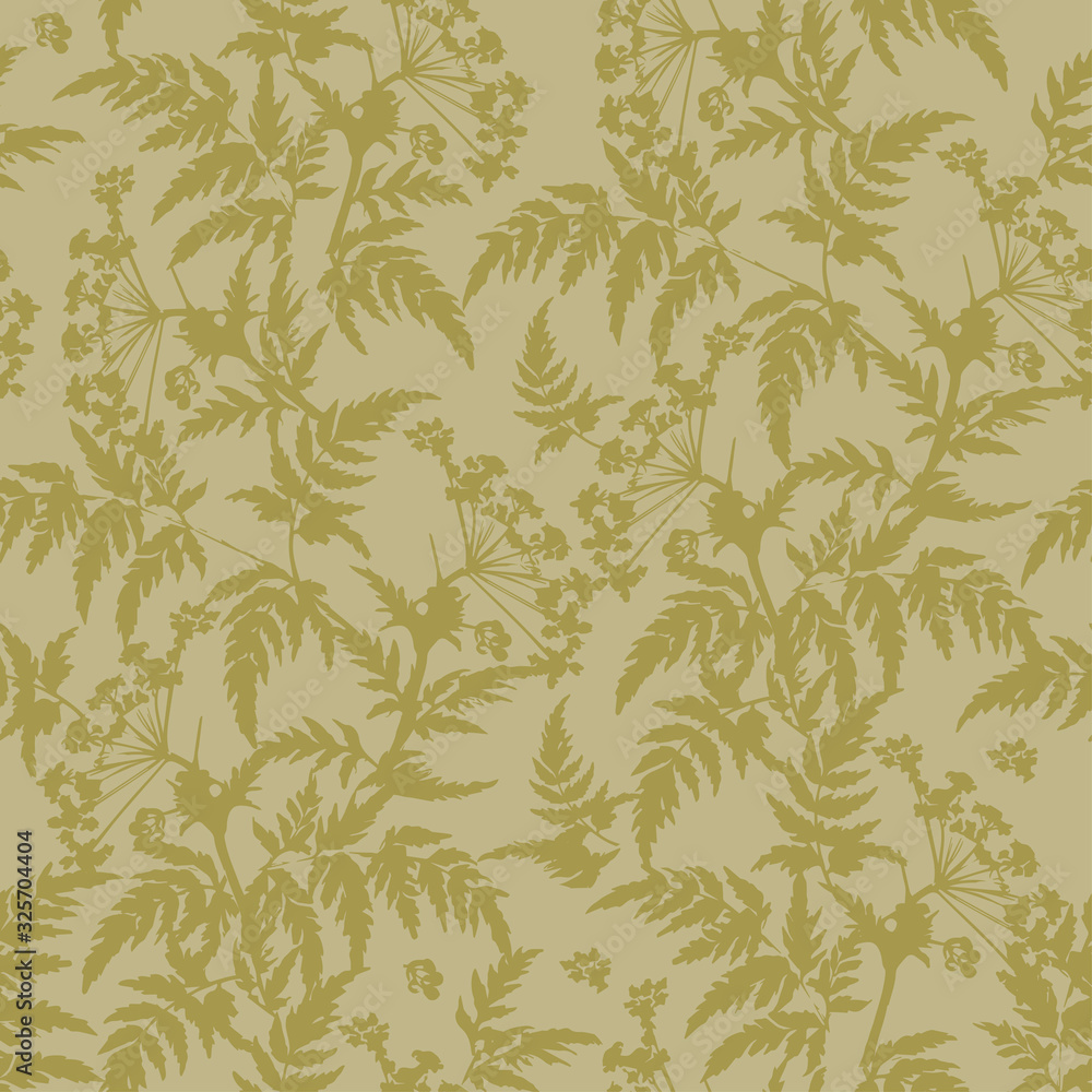 Fototapeta premium Field grasses and leaves, seamless vector illustration