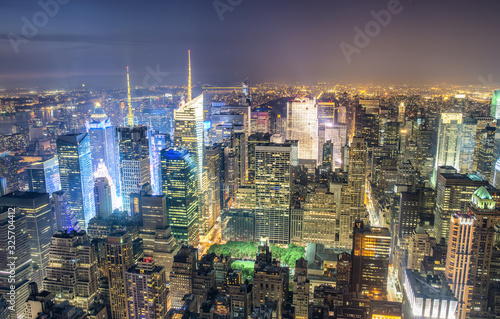 New York City  USA. Night aerial view of Midtown Manhattan skyscrapers from a high viewpoint