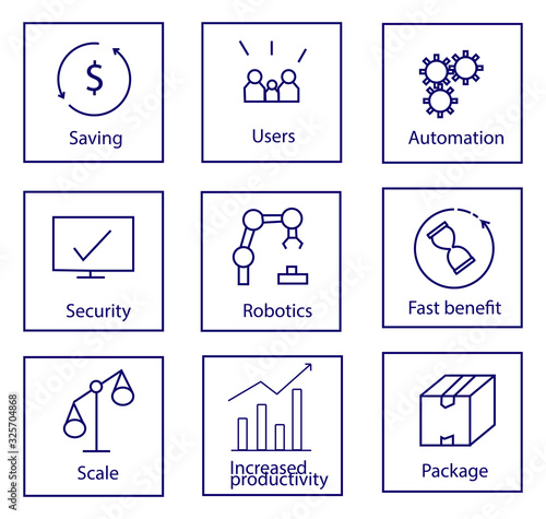 Set of innovative icons for RPA. Outline set of RPA technology vector icons for web design on a white background.