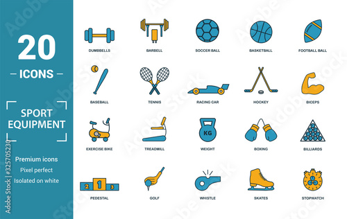 Sport Equipment icon set. Include creative elements dumbbells, soccer ball, baseball, hockey, exercise bike icons. Can be used for report, presentation, diagram, web design