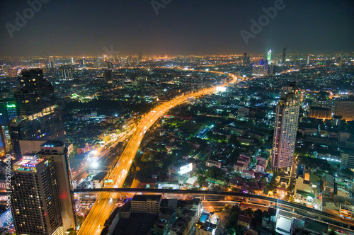 Canvas Print Aerial view of Bangkok Downtown Skyline at night, Thailand
