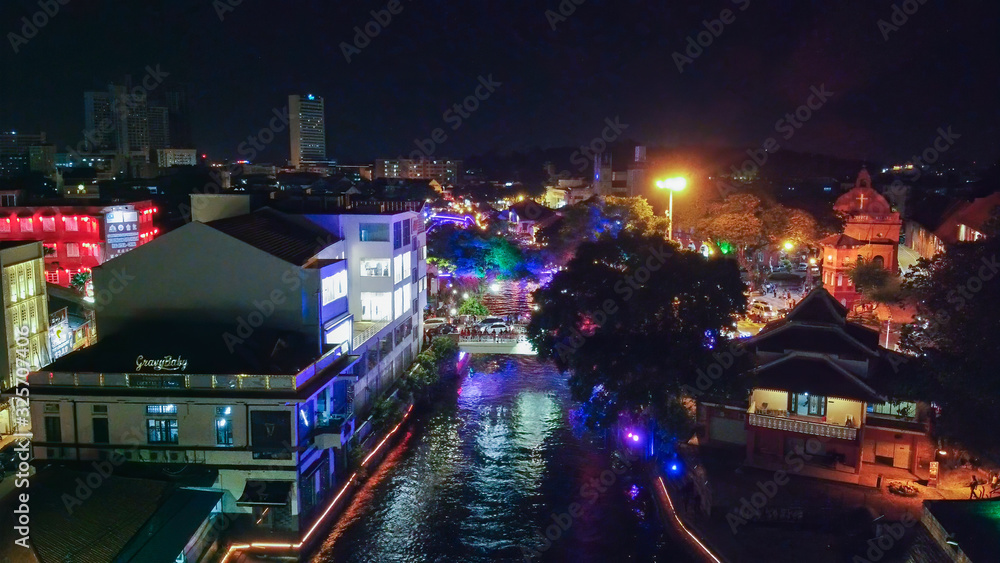 MALACCA, MALAYSIA - DECEMBER 29, 2019: Malacca aerial view at night, Malaysia
