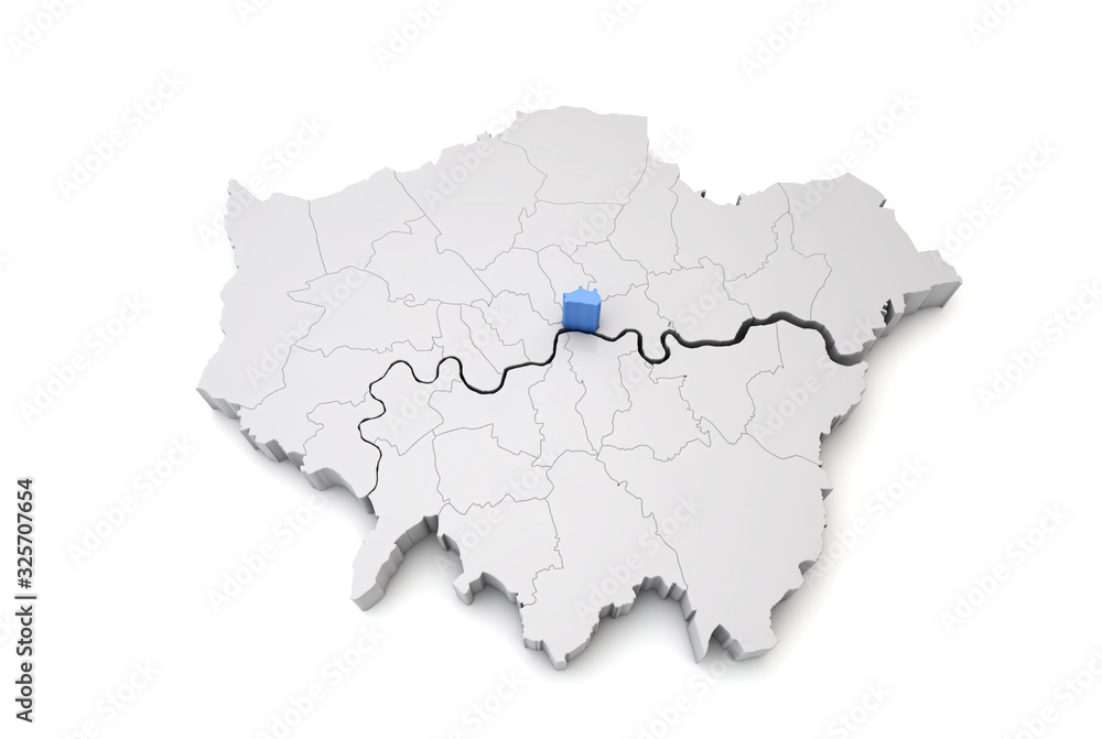 Greater London map showing City of London in blue. 3D Rendering